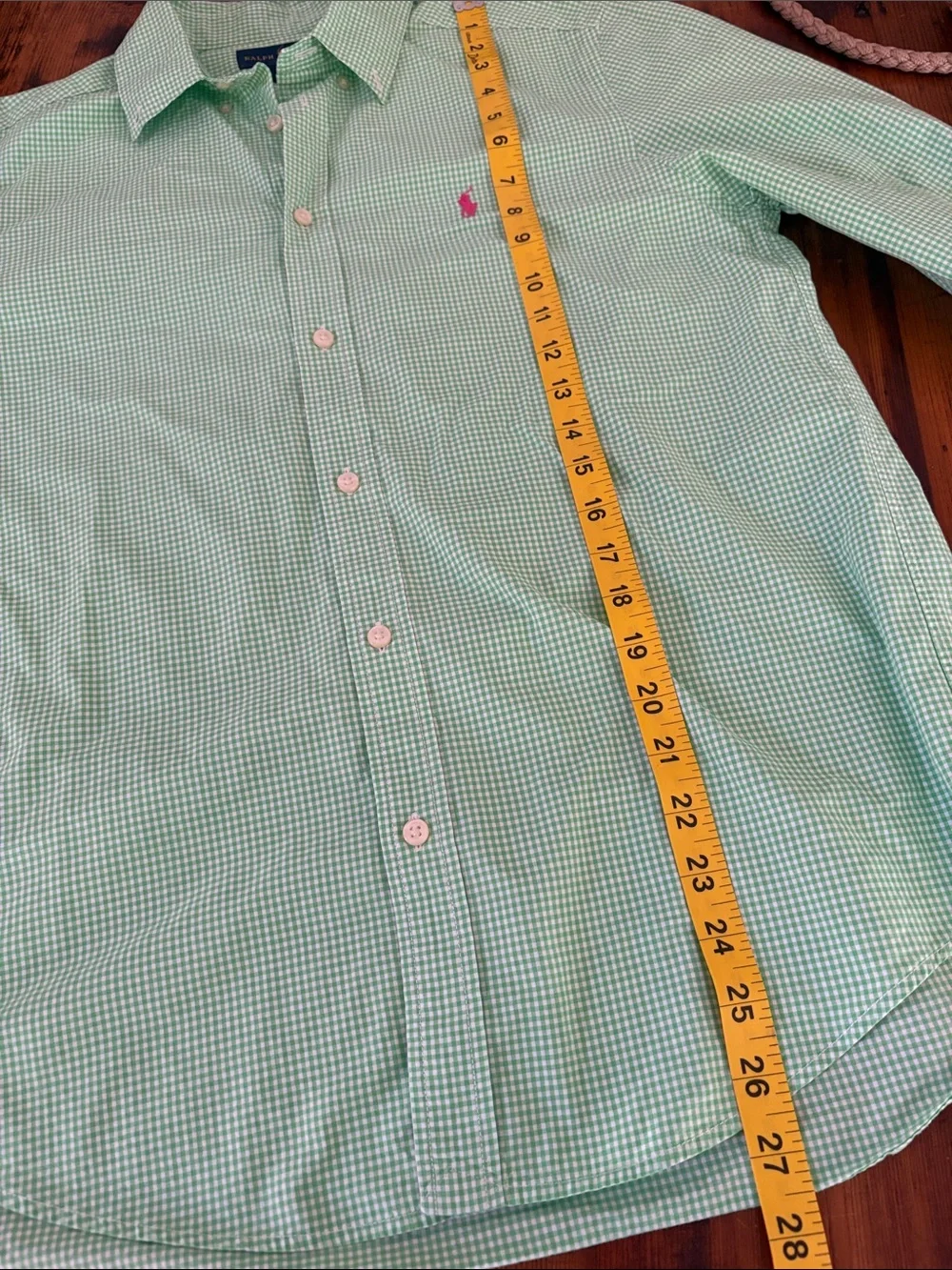 Ralph Lauren Youth Green Gingham Button Down Pink Pony Logo Dress Shirt Sz XL